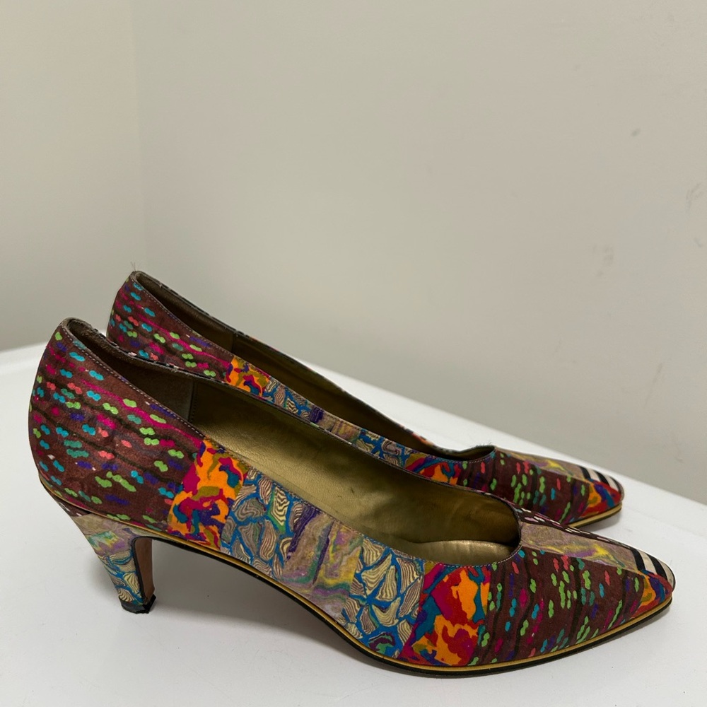 Sesto Meucci Artsy Silk Heels Brown Green Multi Size 8 N Narrow - Picture 2 of 13